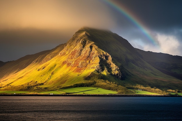 A rainbow appearing over a mountain range