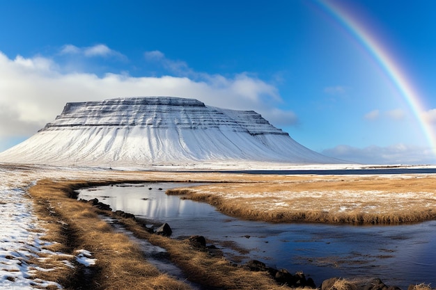 A rainbow appearing over a snow capped peak