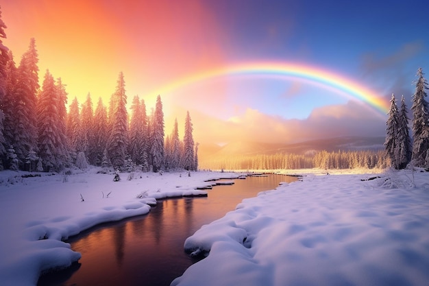 A rainbow appearing over a snowy forest