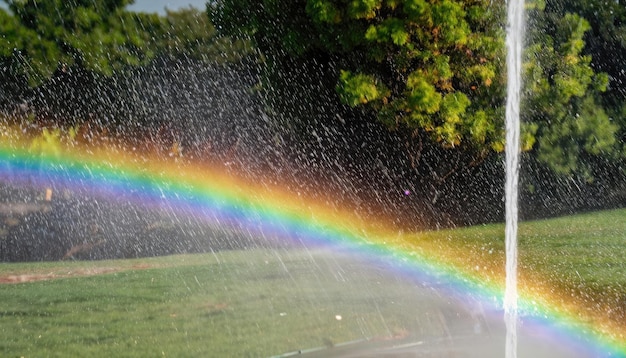 A rainbow appearing in a sprinkler stream of water