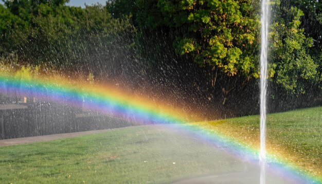 A rainbow appearing in a sprinkler stream of water