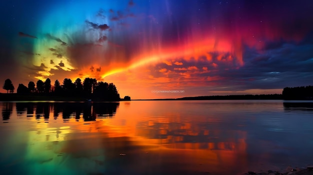 A rainbow appears over a lake at sunset