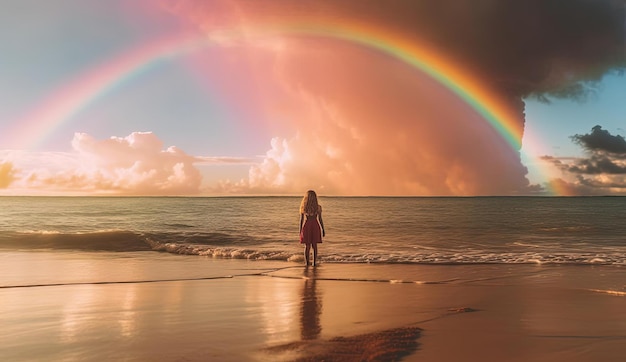 a rainbow appears over ocean and waves at sunset