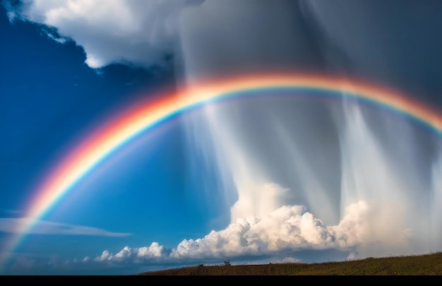 A rainbow appears on the sky above some clouds