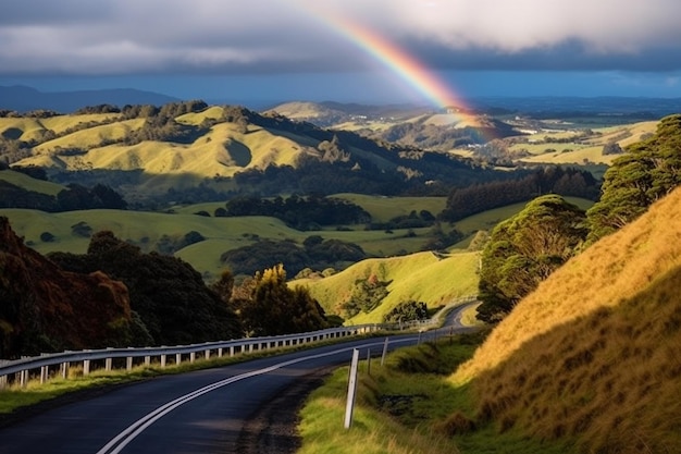 A rainbow arching over a country road at sunrise