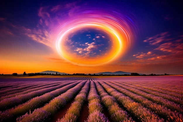 A rainbow arching over a field of lavender at sunset