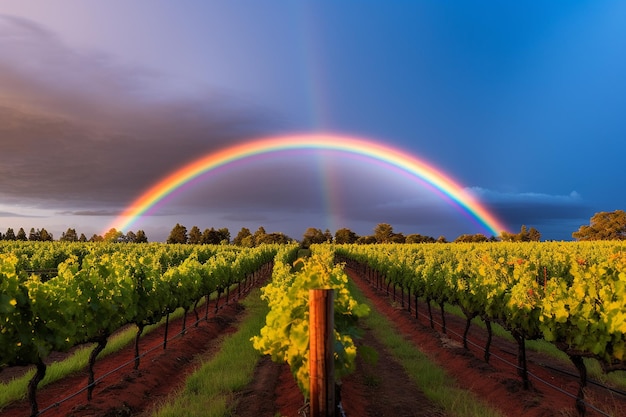 A rainbow arching over a field of vineyards