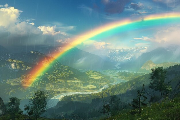 A rainbow arching over a picturesque valley