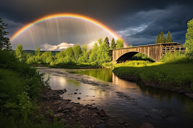 A rainbow arching over a rural covered bridge