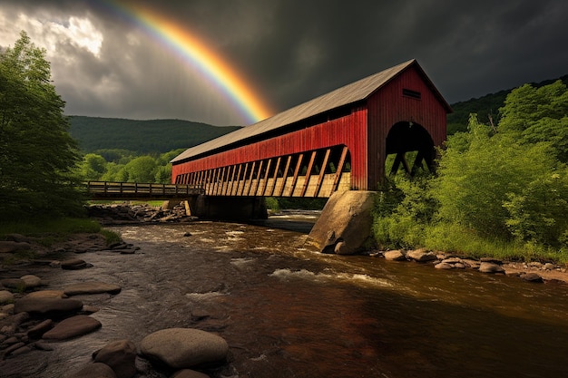 A rainbow arching over a rural covered bridge