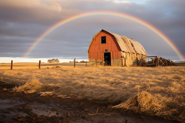 A rainbow arching over a rural farmhouse