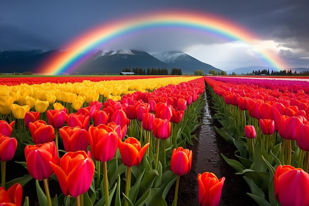 色とりどりのチューリップの畑の上に虹が映っている