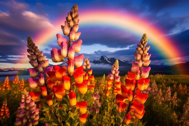 花がくルピンの草原の上に虹が映っている