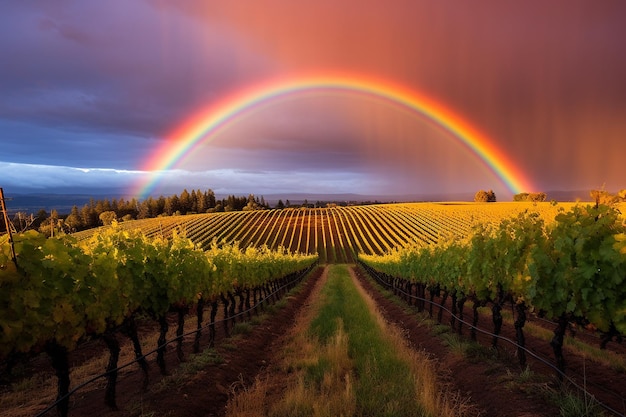 A rainbow arcing over a vineyard at sunrise