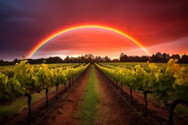 A rainbow arcing over a vineyard at sunrise