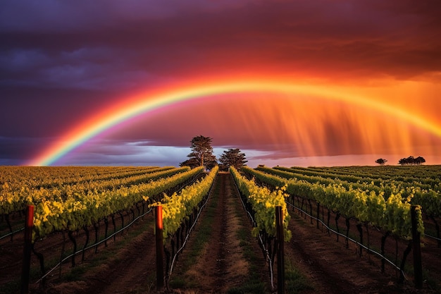 A rainbow arcing over a vineyard at sunrise