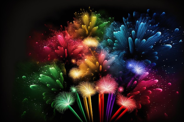 Photo a rainbow assortment of fireworks against a dark background