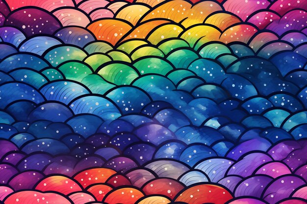 Rainbow background mermaid tail tail drawing space art style playful design cosmic inspiration