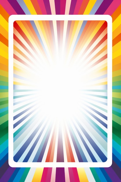 a rainbow background with a white frame and rays of light