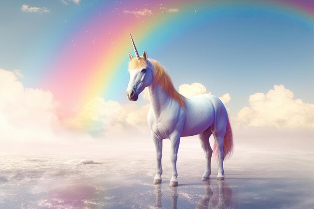 Rainbow background with winged cute unicorn with stars Generative Ai