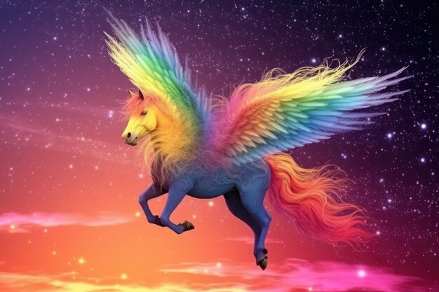 Rainbow background with winged cute unicorn with stars generative ai