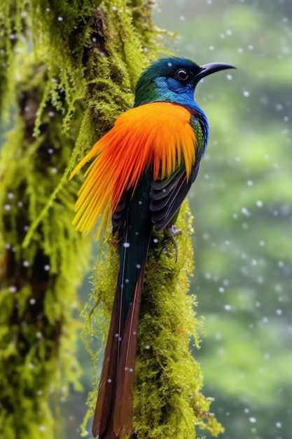 Радужная райская птица на северо-западе Тихого океана под проливным дождем на замшелом дереве