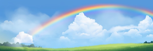 Rainbow on blue sky background Beautiful rainbow cloudy sky after rain Generative AI