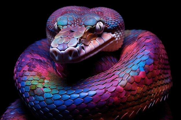 Photo a rainbow boa displaying its iridescent scales under soft lighting