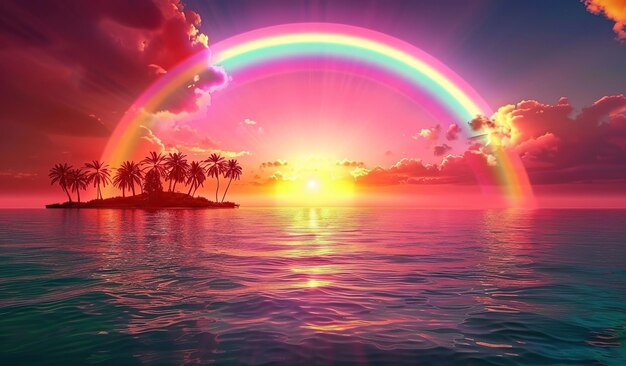 Photo rainbow over a body of water with palm trees