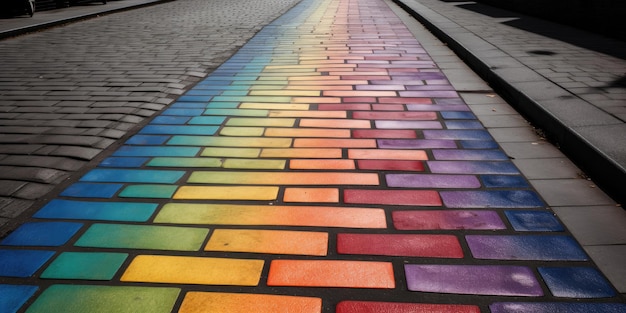 A rainbow brick sidewalk with a rainbow on it.