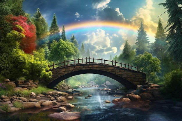 a rainbow over a bridge in the forest