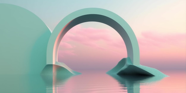 A rainbow bridge over a lake with a pink sky in the background.