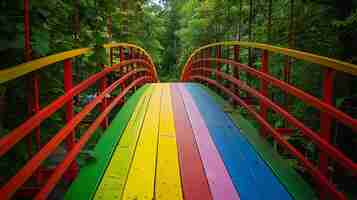 Photo a rainbow bridge in a lush green forest the bridge is made of wood and painted in bright rainbow colors