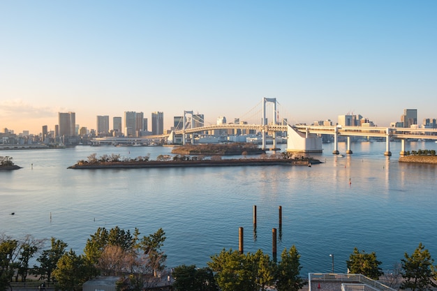 東京湾と東京市の街並みを望むレインボーブリッジ。