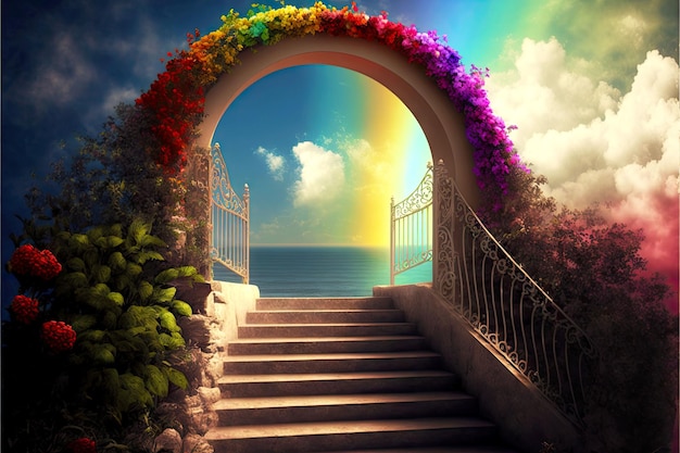 手すりのある天国への楽園の階段への虹の明るいアーチの入り口
