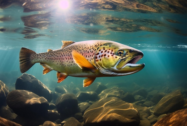 Rainbow and brown trout swimming in mountain lake waters