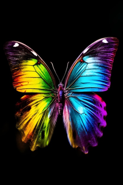 A rainbow butterfly on a black background