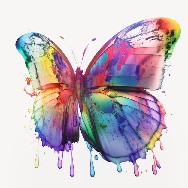 A rainbow butterfly with paint splatter on the wings.