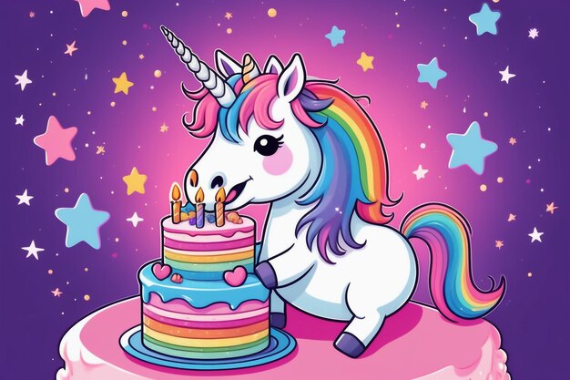 Rainbow cake and a cute unicorn in a cartoon style drawing