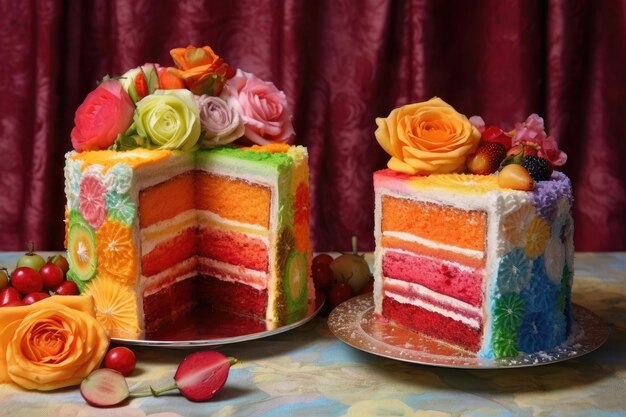 Rainbow cake on dark background ai generated