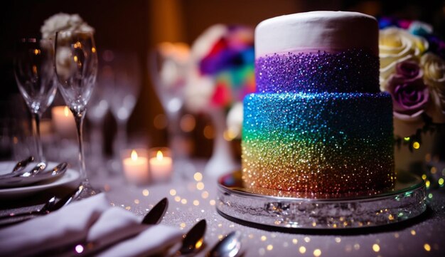 A rainbow cake sits on a table with a glass of wine in the background.