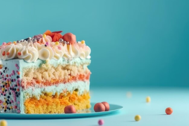 A rainbow cake with a blue background