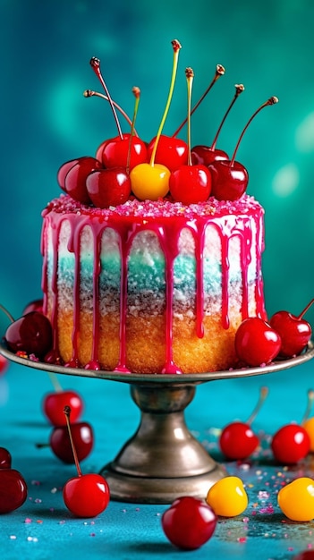 A rainbow cake with cherries on top.