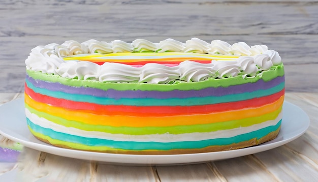 A rainbow cake with cream cheese frosting on top