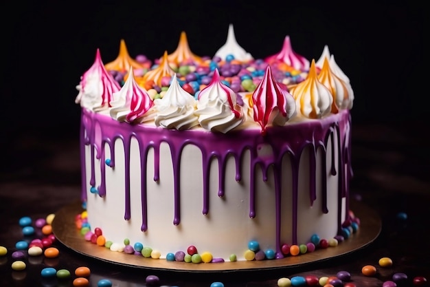 Rainbow cake with whipped cream top on the dark grey background Birthday cake with multicolored cre