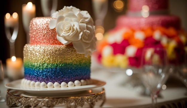 A rainbow cake with white frosting and a white rose on top