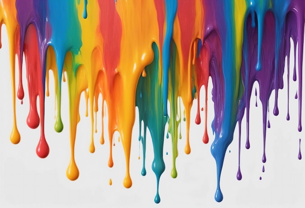 Photo rainbow cascade acrylic paint flowing over white background