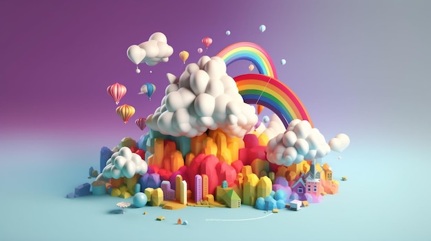 rainbow and a castle on a pink background