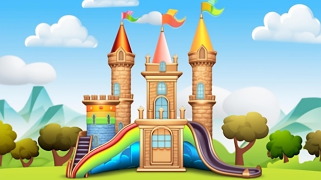 A rainbow castle slide at a playground