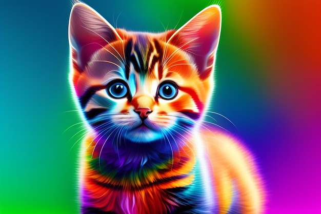 A rainbow cat with blue eyes